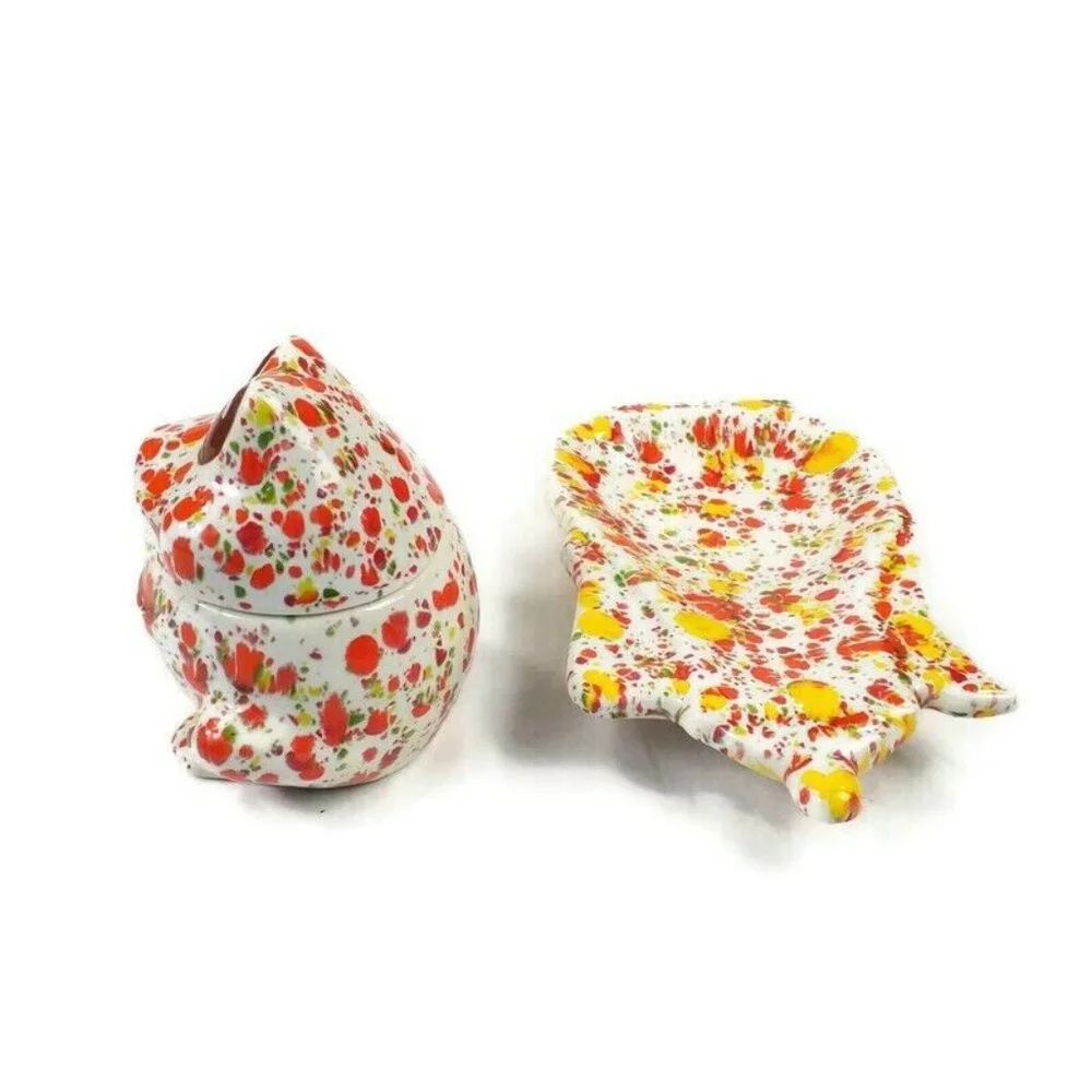Vintage Hand Painted White Speckled Ceramic Frog & Teapot Shaped Dish Set